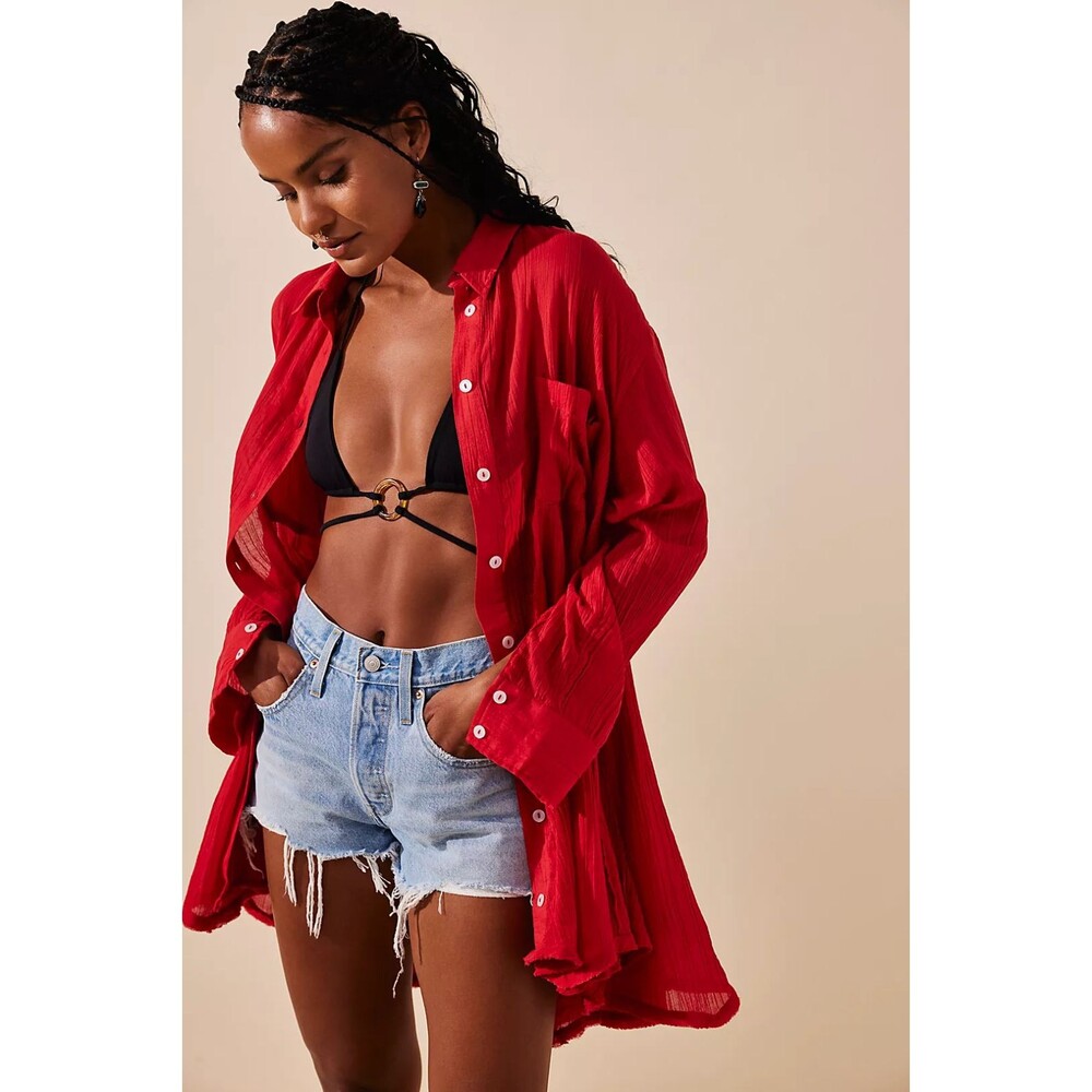 Free People Splice Up Shirtdress Tunic Red Buttons XS NEW